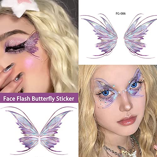 14 Sheets Glitter Butterfly Temporary Tattoos Sticker for Women Girls Eye Face Makeup Decoration, Flash Fairy Body Art Shiny Butterflies Waterproof Fake Tattoos for Festival Party Eye Decor