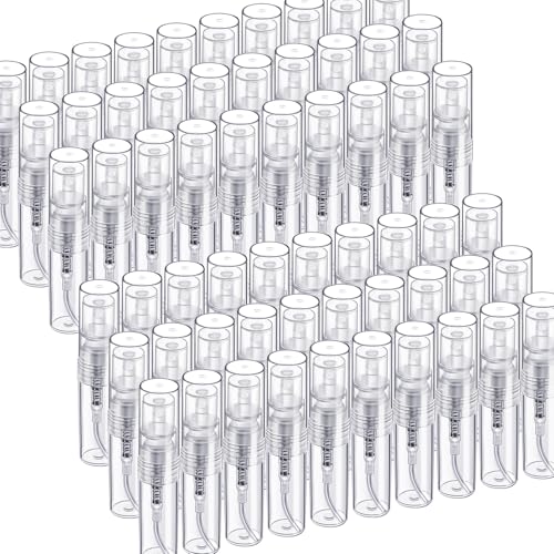 Fandamei Mini Spray Bottle, 60PCS 2ml Mini Clear Plastic Spray Bottle Empty, Fine Mist Refillable Mini Perfume Bottle. Small Empty Sample Containers Bottle. 2ml, 60 Pack, Clear, FANL-093