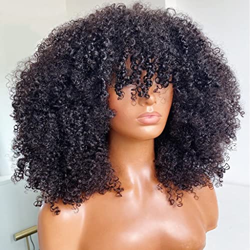Afro Kinky Curly Wig With Bangs 200 Density Full Machine Made Human Hair Wig Scalp Top Wig Brazilian Short Curly Wigs For Black Women Natural Color 14 Inch