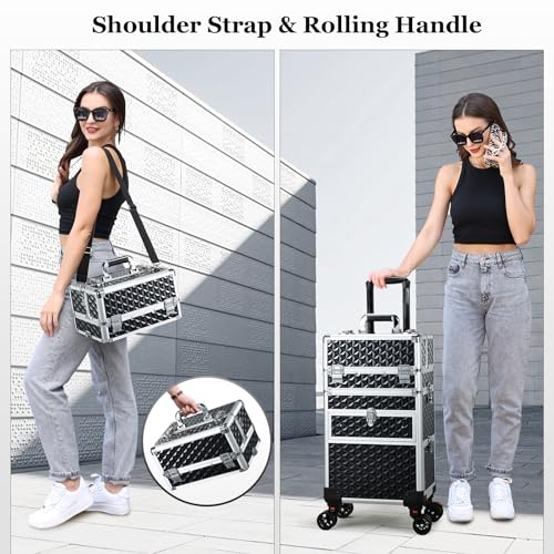 Joligrace Large Rolling Makeup Train Case with Foot-Brake Wheels, Removable Shoulder-Strap Makeup Carrying Case, Adjustable Compartments, Built-in Nail Polish Drawer, and Detachable Drawer
