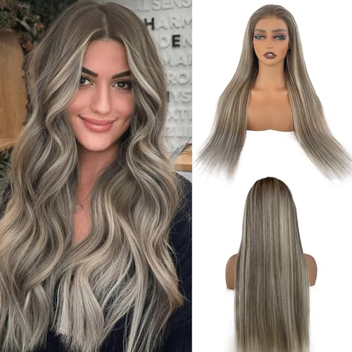 Straight Highlight Blonde 13X6 HD Lace Front Wigs Human Hair for Women 22 Inch Ombre Ash Brown Mixed 613 Bleach Blonde Deep Part Glueless Lace Frontal Wigs 180 Density Pre Plucked with Baby Hair