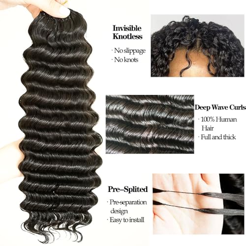 Deep Wave Curly Crochet Hair Extensions Knotless Pre-Separated Feather Crochet Real Human Hair for Women Reusable Micro Twists with String Fullness Curly Human Hair Extensions 18inch 120g