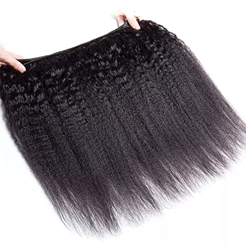 Kinky Straight Bundles with Closure 10A Kinky Straight Human Hair 3 Bundles with 4x4 Lace Closure Unprocessed Brazilian Virgin Human Hair Weave Extensions Natural Color (18 20 22+16 closure)