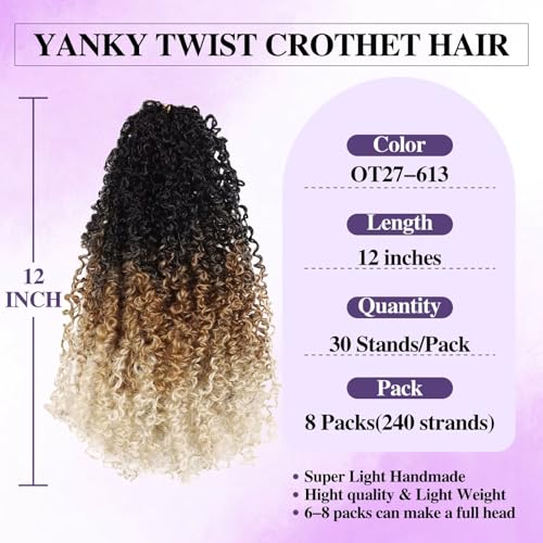 Yanky Twist Crochet Hair 11 Inch 8 Packs 30 Stands/Pcs,Pre-looped Fluffy Spring Mini Twist Passion Twist 3 Tones Ombre Blonde Synthetic crochet braids for black women(11 Inch, 1B/27/613)