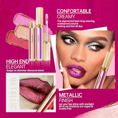 Dark Red Lipsticks for Women Metallic Lipstick Long Lasting Non Stick Cup Lip Gloss, Metal Shine Lightweight Hydrating Full Coverage Lip Color, DP104 Impassion