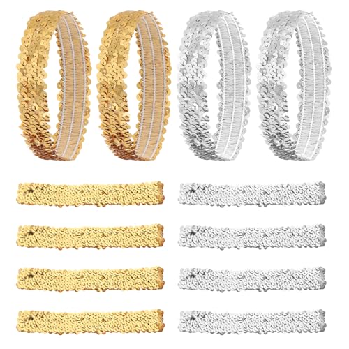 Silver and Gold Sequin Headbands, 12 Pack Sparkle Disco Elastic Glitter Head Bands for Girls Hair, Sparkly Fashion Headbands for Women Girls Dance Party