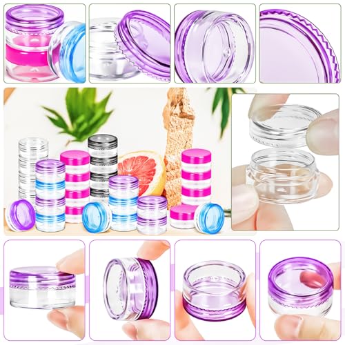 MotBach 100 Pack 3g 5g Plastic Jars Round Clear Cosmetic Containers with Lids, 3ml 5ml Travel Size Containers Sample Jars with Spatulas for Makeup Cosmetic Travel Lotion Cream Salve Balm Powder Sample