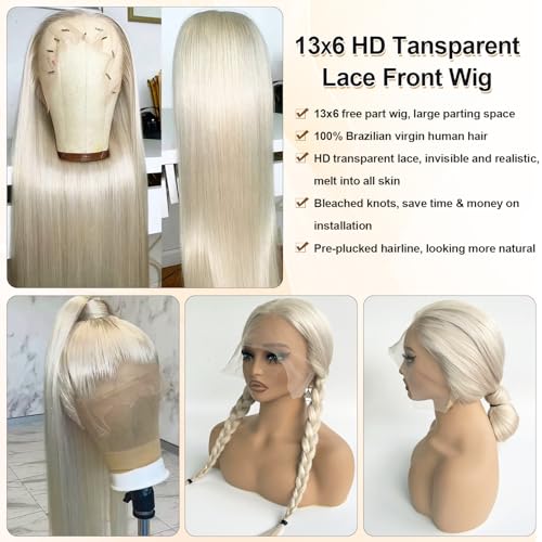 26 Inch Platinum Blonde Human Hair Lace Front Wig 13x6 HD Lace Frontal Pre Plucked with Baby Hair Ready to Wear Straight Glueless Wigs Human Hair for Black Women Natural Looking Platinum Blonde Wig