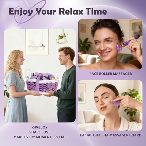 24-Piece Luxury Body Gift Set for Women, Spa Gift Basket Set, Lavender Home Spa Gifts for Women With Face Rollar tool, Bubble Bath, Facial Care, Bomb, Oil, Facial Skin Care gift set for Mother Her