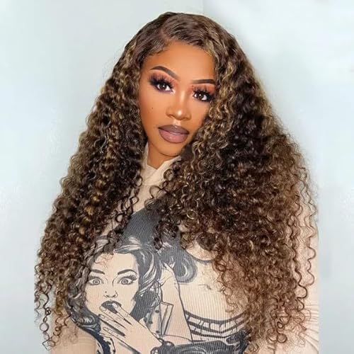 Ombre Lace Front Wig Human Hair 13x4 HD Transparent Deep Wave for Women 180% Density 4/27 Honey Blonde Colored Highlight Curly Glueless Wigs 22Inch Pre Plucked with Baby Hair