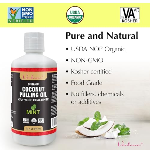 Verdana Organic Oil Pulling for Teeth & Gums ? 32 oz Mint ? USDA Organic Coconut Pulling Oil Rinse ? Alcohol-Free, Fluoride-Free ? Natural Mouthwash for Fresh Breath, Gum Health & Oral Detox