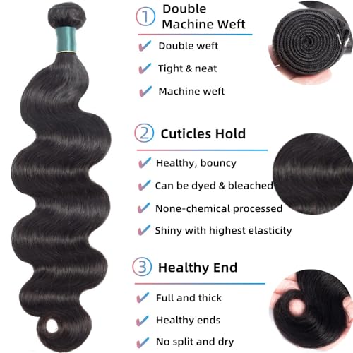 Human Hair Bundles 24 26 28 Inch Body Wave Bundles Human Hair 12A 100% Unprocessed Brazilian Hair Weave 3 Bundles Natural Black Color (Body Wave 3 Bundles, 24 26 28)