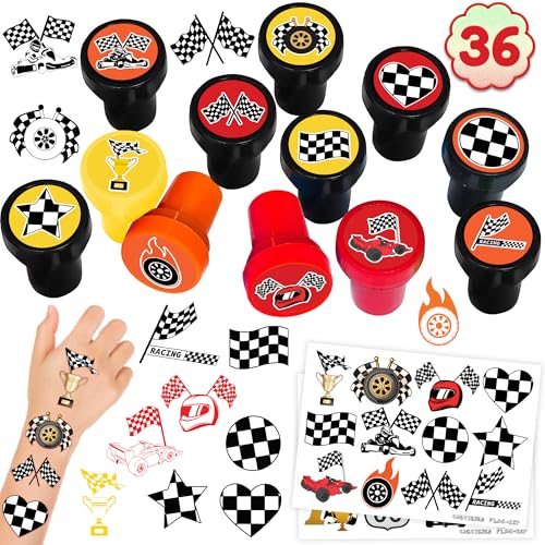 36PCS Checkered Flag Party Favors - 24PCS Temporary Tattoos & 12PCS Stamps - Ideal Black and White Race Flag Themed Birthday Card Decorations Supplies Goodie Bag Cute Rewards for Boys Girls Gifts