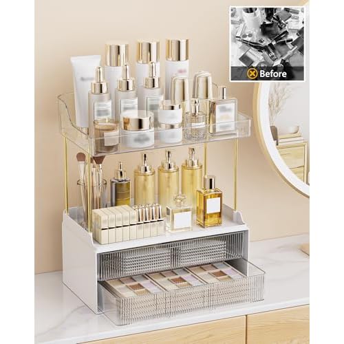 Bathroom Organizers and Storage, Makeup Organizer (Sturdy Durable Attractive), Ideal for Vanity, Countertop, Counter, Perfume, Skincare, Cabinet, Cosmetic, Dresser Organizer (white)