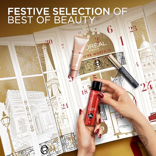 L'Oreal Paris 24 Day Beauty Advent Calendar 2025, Holiday Gift Set Includes Deluxe-Sized and Miniature Makeup, Skincare and Haircare Products