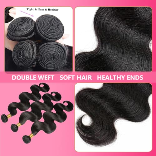 Body Wave Bundles Human Hair 22 24 26 Inch 3 Bundles 12A Brazilian Hair Bundles 100% Unprocessed Brazilian Body Wave Human Hair Bundles Natural Black Glossy Hair Bundles