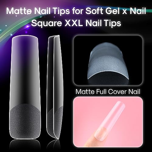Flattened No C Curve, XXL Square Nail Tips, Full Matte Clear Half Cover Tapered Square Straight Flat Tips for Acrylic Nails Salons Home DIY Extensions(12 Sizes 240PCS)