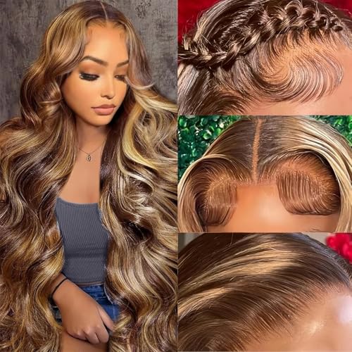 13x4 Lace Front Wig Human Hair 30 Inch Glueless 180% Density Body Wave Honey Blonde Ombre HD Lace Pre Plucked with Baby Hair Frontal Wigs for Women (#4/27)