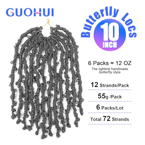 GUOHUI Super Light Butterfly Locs Crochet Hair 10 Inch 6 Packs Pre-Looped Soft Distressed Faux Locs Braids for Women Kids (10 Inch,1B#)