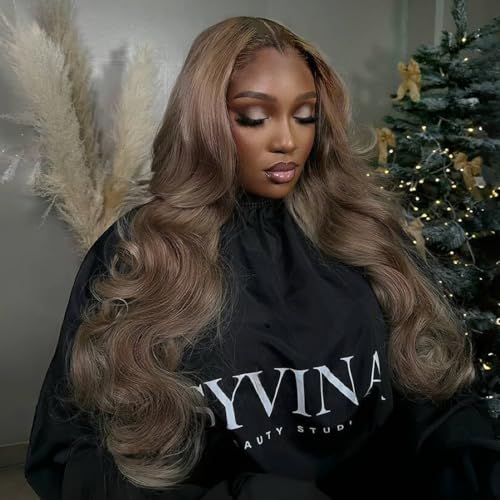Mocha Brown Blonde 13¡¿4 HD Lace Front Wig Human Hair 180% Density Body Wave Ash Lace Wig Pre Plucked Real Ultra Full Brazilian Virgin Hair Milk Tea Colored Wig for Women 26Inch