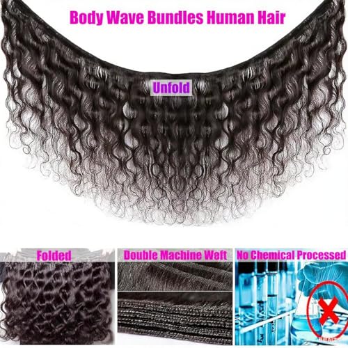 Human Hair Bundles 20 22 22 24 Inch Body Wave Bundles Human Hair 100% Unprocessed Brazilian Virgin Human Hair Extensions for Women Natural Color