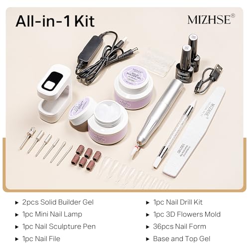 MIZHSE Solid Builder Nail Gel Kit with Nail Drill, Clear White 3D Sculpting Nail Gel for Nail Art with U V Lamp Brush for Nail Extension Home Salon DIY Manicure