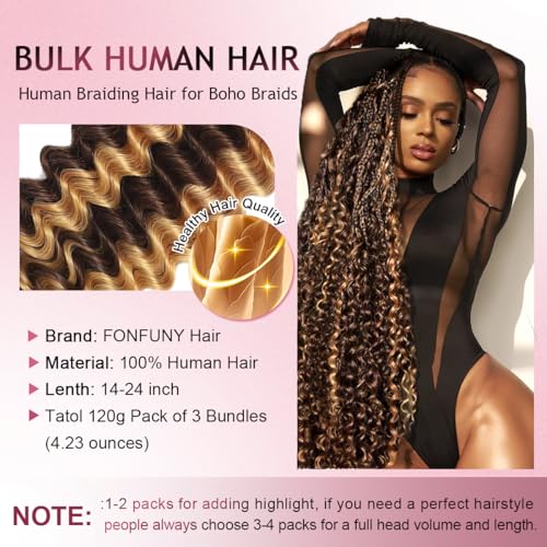 Human Braiding Hair for Boho Braids 120g Highlight Balayage Deep Wave Boho Bulk Human Hair for Braiding Knotless 12A Curly Wet and Wavy Bohemian Braids No Weft 3 Bundles 4/27 Color 16 Inch