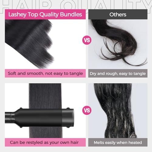 Lashey Raw Human Hair Bundles Straight 3 Bundles 14 16 18 Inches 100% Virgin Hair Bundles Soft and Silky Weave Bundles Double Weft Straight Raw Bundles Human Hair Hair Extension Natural Black