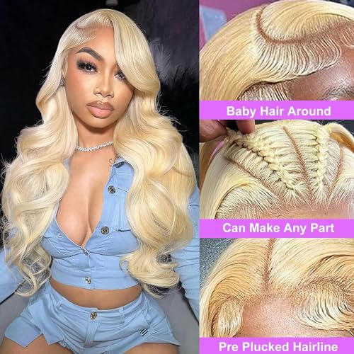 Blonde Lace Front Wig - Human Hair, 13x4 Inches, 24 Inches Long, Body Wave, 180% Density, Pre-Plucked, Glueless, 613 Frontal