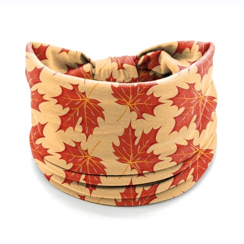 4 Pack Autumn Maple Leaf Headbands for Women, Thanksgiving Wide Stretchy Yoga Workout Hair Bands, Soft Non-Slip Fall Turban Headwraps for Running Makeup Everyday Use