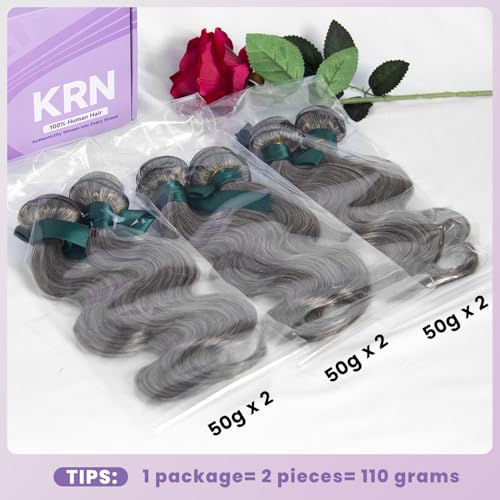 KRN Salt and Pepper Human Hair Bundles 12 14 16 Inch 100% Unprocessed Gray Virgin Human Hair Bundles Body Wave for Black Women Grey Hair Weave Extensions