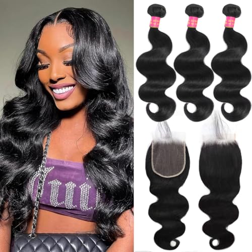 DJFG 12A Human Hair Bundles with Closure Body Wave 20 22 24+18 Inch 5x5 HD Frontal Body Wave Bundles Human Hair Real 100% Raw Unprocessed Brazilian Virgin Sew in Quick Weave Natural Black Deals
