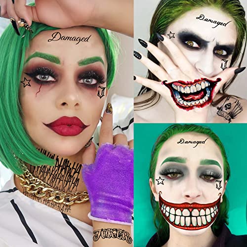 5 Sheets 3D Joker Temporary Tattoos For Men Women Adults Halloween Makeup Kit, Ghost Clown Scary Smile Face Damaged Joker Tattoos, Prisoner Halloween Cosplay Prank Costume Rave Accessories