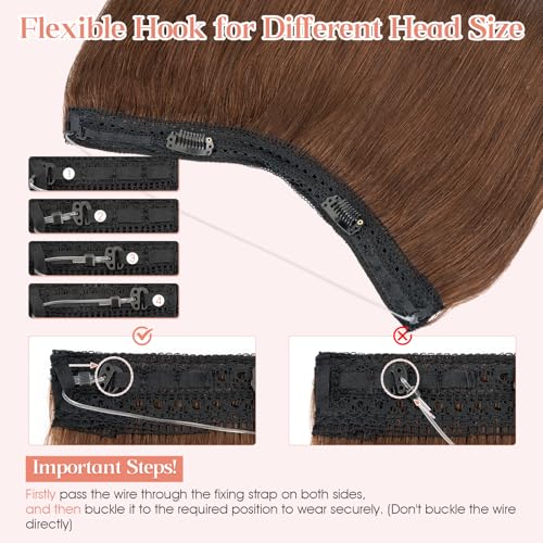 Hairro Wire Hair Extensions Human Hair, Fish Line Invisible Adjustable & Clips in Extensions Straight, 100% Real Hairpieces Seamless Blending for Women, 22 Inch 100g Medium Brown