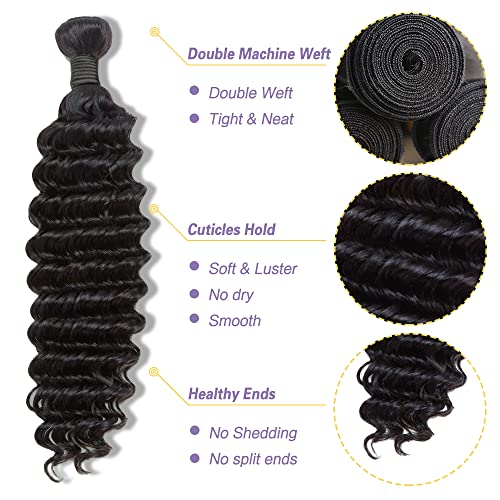 Deep Wave Bundles with Closure Human Hair (20 22 24+18) 10A Wet and Wavy Human Hair 3 Bundles with 4x4 Free Part Lace Closure 100% Unprocessed Human Hair Pre Plucke with Baby Hair Natural Color