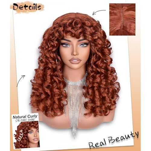 RunM Curly Wig with Bangs for Black Women Long Curly Afro Wig Big Bouncy Fluffy Synthetic Fiber Glueless Hair for Cosplay and Daily 17 Inch£¨Ginger£©