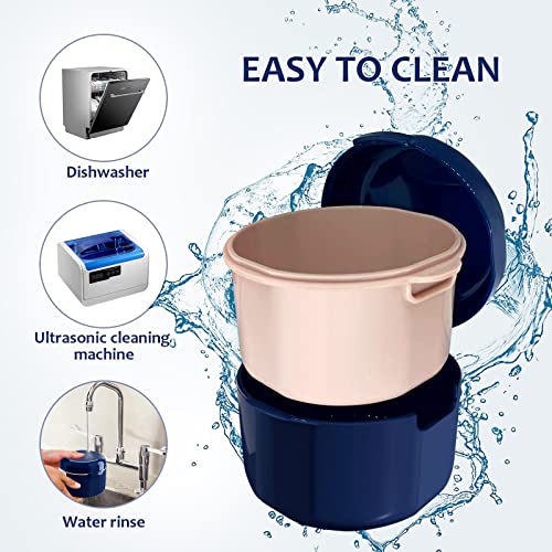 Denture Cup, Denture Bath, Denture Cups for Soaking Dentures, Denture Case with Lid, Denture Bath with Rinsing Basket, Easy to Carry and Clean Retainer Case Denture Cleaning kit