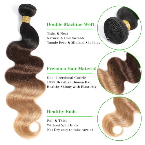 Ombre Human Hair Bundles (T1B/4/27, 20 22 24) Body Wave Bundles Human Hair 12A 100% Brazilian Virgin Remy Hair 3 Tone Black to Honey Blonde Weave
