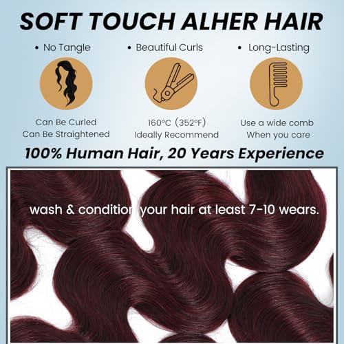 ALHER 99j Dark Burgundy Bundles Human Hair Body Wave, 12A 100% Unprocessed Virgin Remy Human Hair for Black Women Soft Thick Sew In Weave Wavy Wine Red Colored 2 Bundles 20 20 Inch