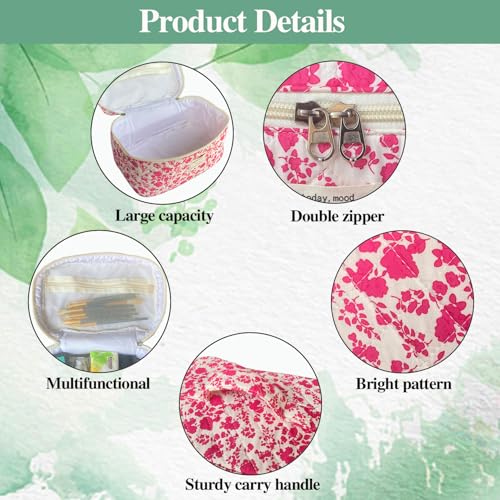 Rose Red Large Quilted Floral Makeup Bag Cute Soft Coquette Aesthetic Cosmetic Bag Cotton Travel Toiletry Bag for Women
