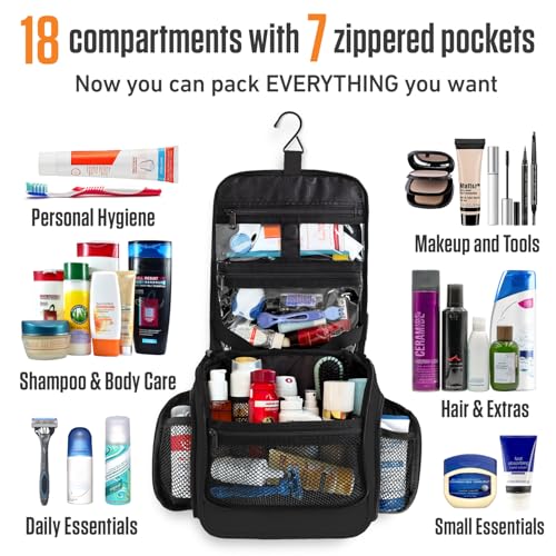 VENTURE 4TH Hanging Travel Toiletry Bag for Women & Men - Travel Organizer with Expandable Compartments & Removable Clear Pouch for Toiletries (Black)