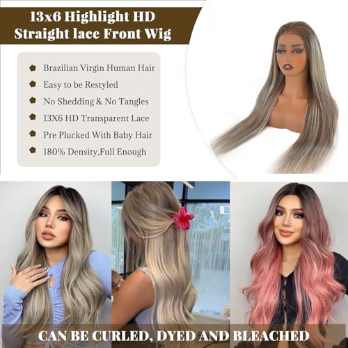 18 Inch Highlights Brown Human Hair Wigs for White Women Ombre Ash Brown Mixed Balayage Blonde with #3 Brown Roots 13x6 HD Glueless Lace Front Wig Human Hair 180% Density Pre Plucked Bleached Knots