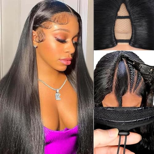 V Part Wig Human Hair Straight Vpart Human Hair Wig Upgrade U Part Glueless Half Wigs Human Hair Clip in V Part Wig Glueless With Elastic Drawstring No Leave Out for Women Beginner Friendly 26 Inch