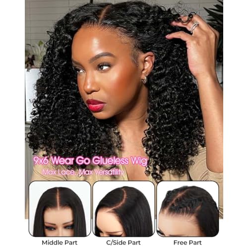 BGM GIRL 9x6 M Cap Water Wave Glueless Wig Human Hair Pre Bleached Tiny Knots Pre Cut HD Lace 180% Density Deep Wave Wear Go Wig Pre Plucked Transparent Lace Natural Black 18 Inch