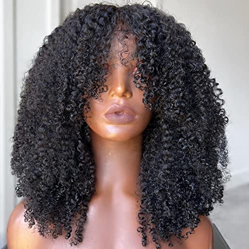 Full 200 Density Afro Kinky Curly Human Hair Wig With Bang Brazilian Virgin Afro Coily Wigs Bangs For Black Women Machine Scalp Top Wig Glueless 16inch