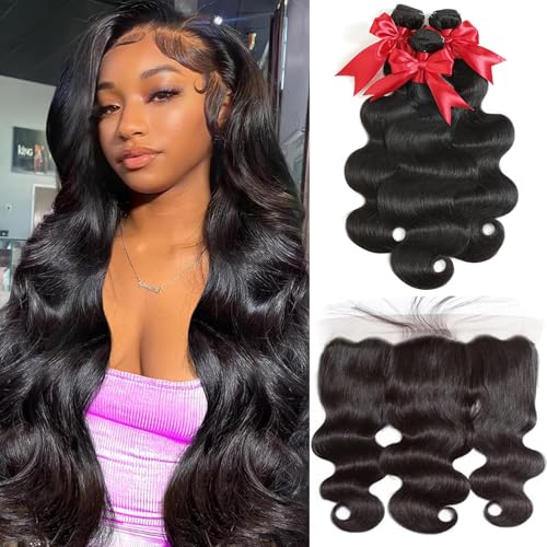 12A Body Wave Bundles with Frontal Human Hair 16 18 20+14 Inch Brazilian Virgin Body Wave Human Hair Weave 3 Bundles with 13x4 HD Lace Frontal Closure