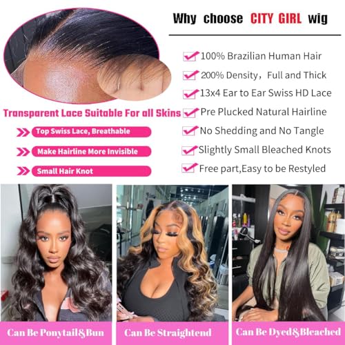 CITY GIRL 34 Inch Body Wave Lace Front Wigs Human Hair Pre Plucked 13x4 hd Transparent Lace Frontal Body Wave Human Hair Wig for Women 200 Density Natural Black
