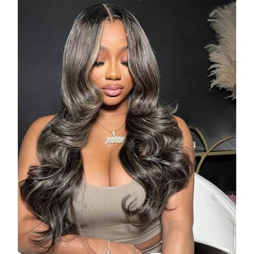 Rina Upgrade Black with Brown Blonde Highlight Wig Human Hair 210% Density 13x4 HD Body Wave Luxury Balayage Blonde Highlight Wig 12A Grade Raw Hair Pre Plucked Ombre Lace Front Wig for Women 26 Inch