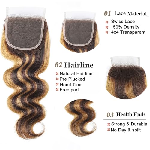 Highlight Bundles with Closure Human Hair Body Wave P4/27 Honey Blonde Brown Bundles with Highlights human hair 10A Brazilian Body Wave with Closure 16 18 20+16inch