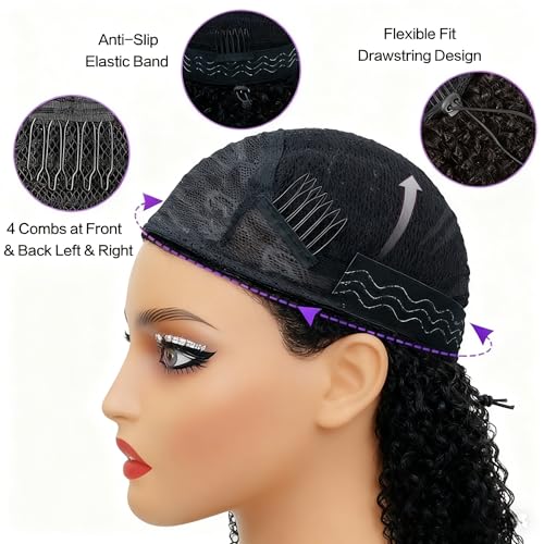 Half Wig Human Hair Deep Wave Glueless Wigs Human Hair Curly Half Wig 200% Density Drawstring Seamless Flip Over Half Wigs for Women Invisible Hairline Beginner Friendly Headband Wig 20 Inch